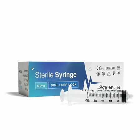 FIFTHPULSE 50ml Luer Lock Syringe NO Needle, Measurement Dispensing, Sterile, Individually Wrapped, 5PK FMN100659